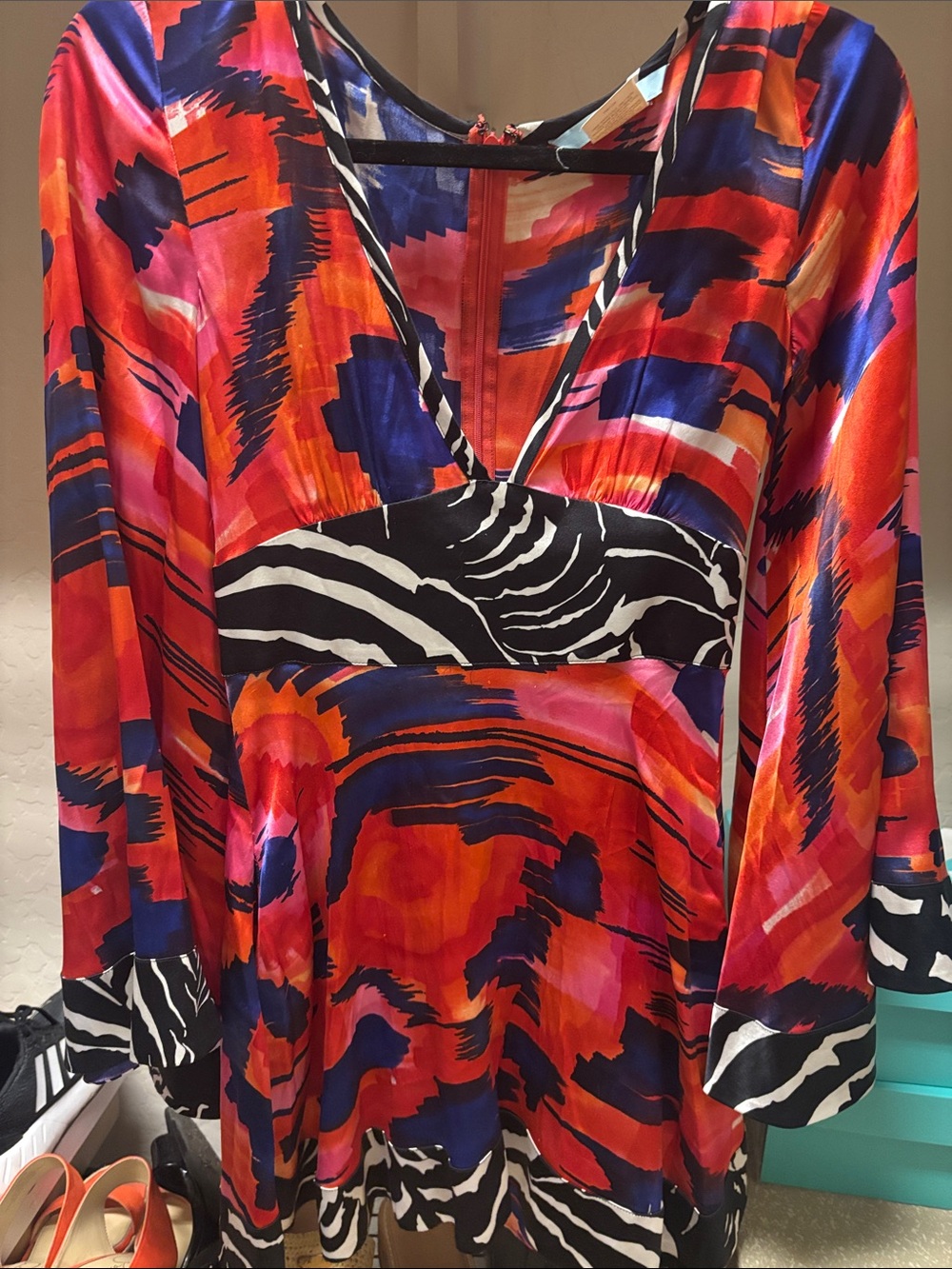 Marciano Red, Pink, Blue Abstract V-Neck Dress